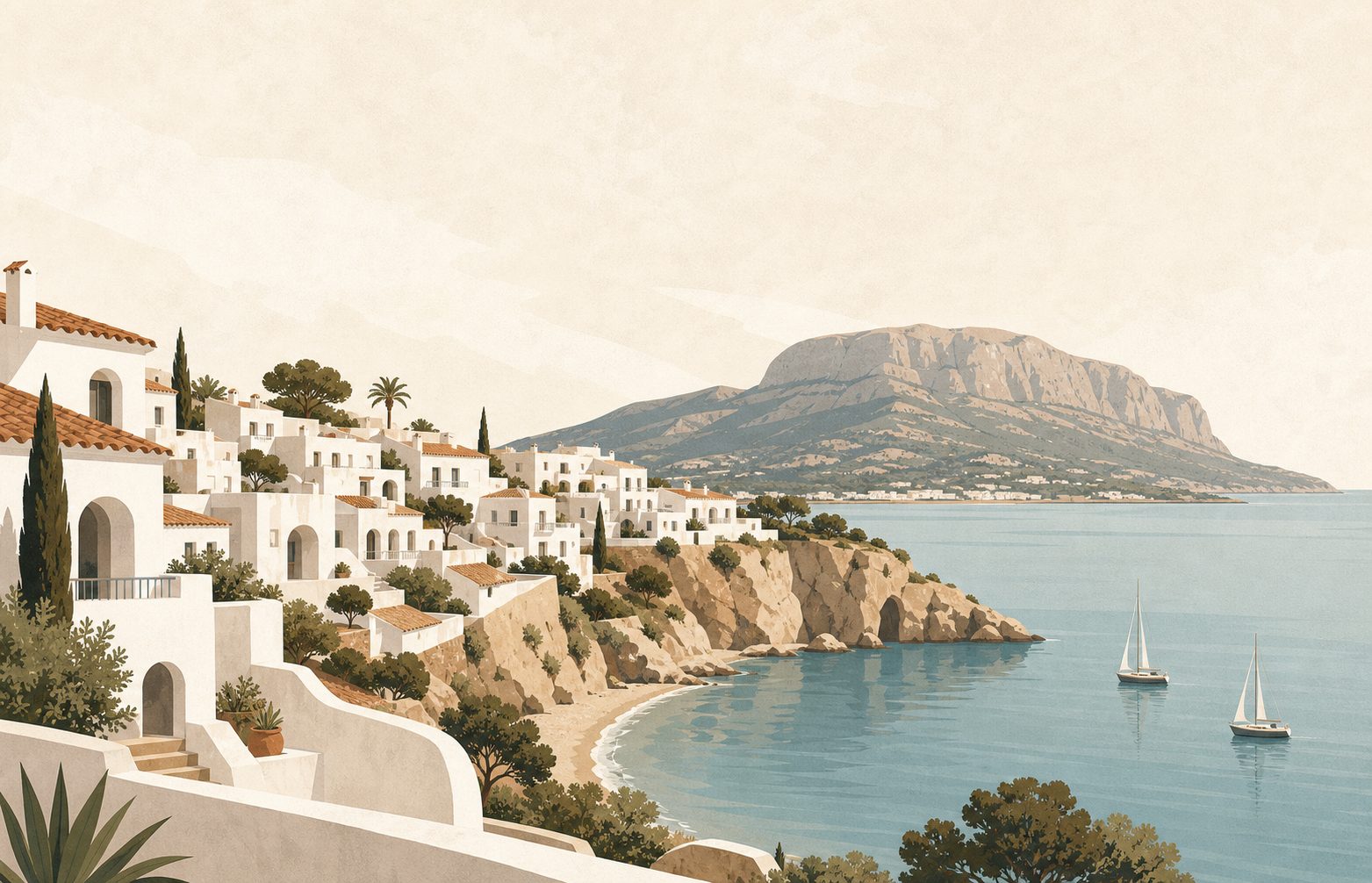 Ilustración editorial de Rincón de la Victoria, costa mediterránea