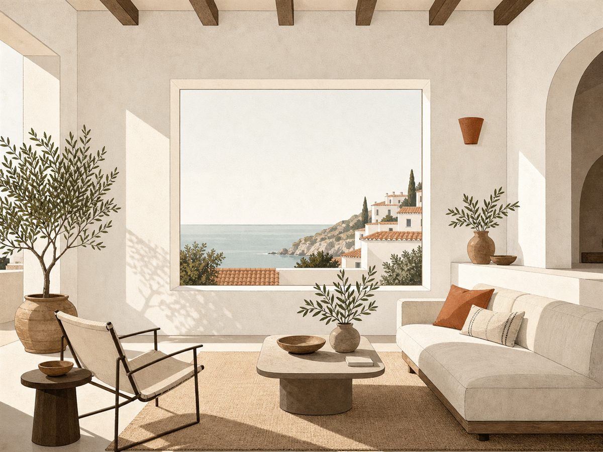 Ilustración editorial de un salón luminoso frente al mar, estilo Casavista